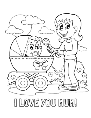 Mothers Day I Love You Mum Baby Pram Coloring Template