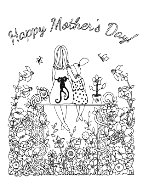 Mothers Day Mother Daughter Sitting Garden Flowers Coloring Template