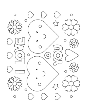 Heart I Love You Hearts Flowers Coloring Template