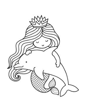 Mermaid Swimming With Dolphin Cute Coloring Template