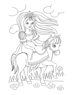 Princess Riding Horse Flowers Coloring Template