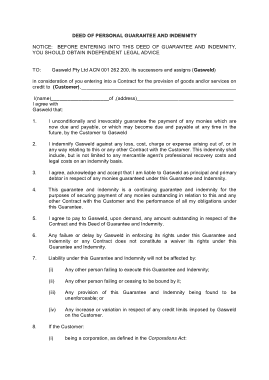 Deed of Personal Guarantee and Indemnity Template