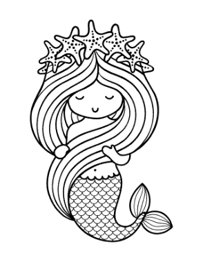Mermaid Cartoon With Starfish Crown Coloring Template