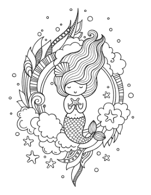 Mermaid Cute With Starfish And Flowing Hair Coloring Template