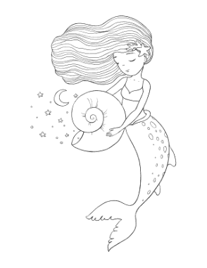 Mermaid Flowing Hair Star Fish Coloring Template