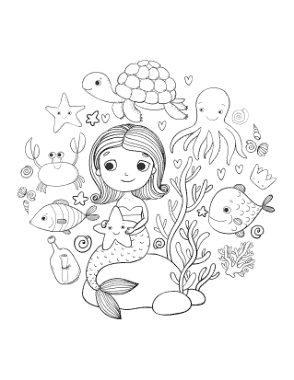 Mermaid With Sea Creatures Coloring Template