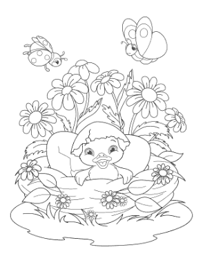 Cute Bird Hatching Nest Flowers Spring Coloring Template