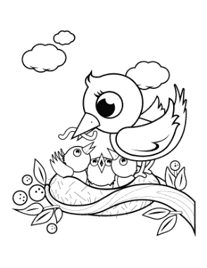 Free Download PDF Books, Mother Bird Feeding Chicks Nest Spring Coloring Template