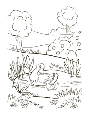 Mother Duck Duckling Pond Spring Coloring Template