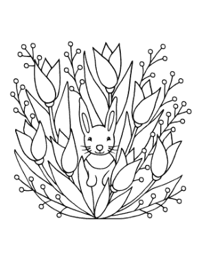 Rabbit In Tulips Spring Coloring Template