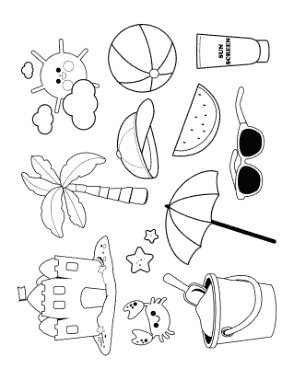 Beach Items Summer Coloring Template