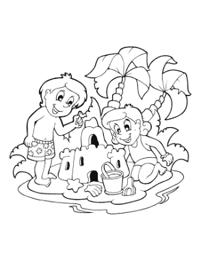 Free Download PDF Books, Boy Girl Sand Castle Beach Summer Coloring Template