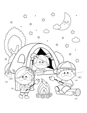 Children Camping Starry Night Marshmallows Summer Coloring Template