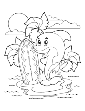 Cute Island Surfing Dolphin Summer Coloring Template