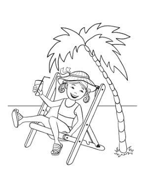 Girl On Beach Deckchair Palm Tree Summer Coloring Template