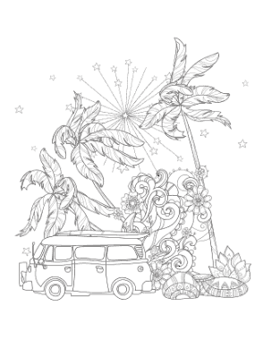 Vacation Surfing Van Doodle Summer Coloring Template
