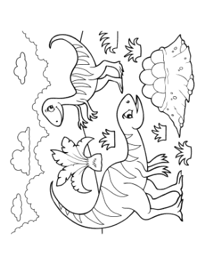 Cartoon Theropods With Nest Of Eggs Dinosaur Coloring Template