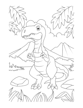 Cartoon Tyrannosaurus Mountains Ferns Dinosaur Coloring Template