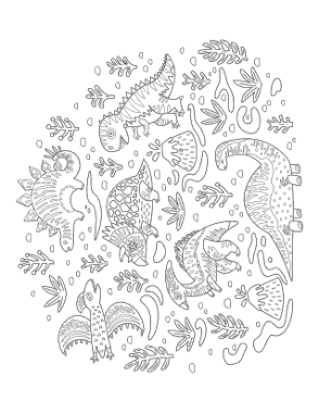 Lots Of Dinosaurs Volcano Plants Doodle Dinosaur Coloring Template