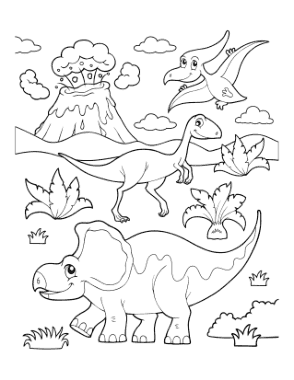 Prehistoric Dinosaur Scene Erupting Volcano Dinosaur Coloring Template