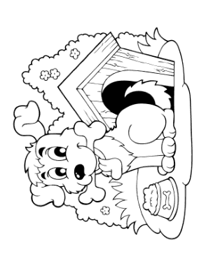 Cute Cartoon Puppy Kennel Food Bowl Dog Coloring Template