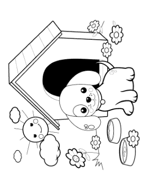 Cute Puppy With Kennel In Garden Dog Coloring Template