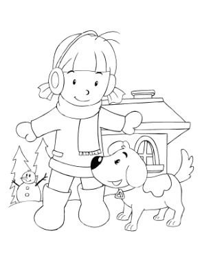 Cute Winter Girl Puppy Snow Dog Coloring Template