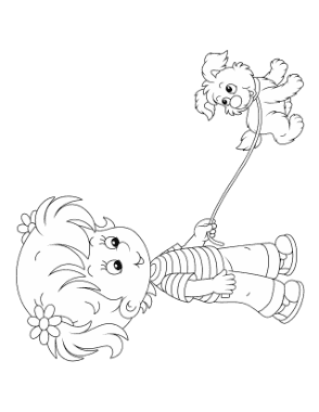 Little Girl Walking Puppy Dog Dog Coloring Template