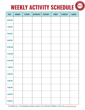 Weekly Activity Schedule Sample Template