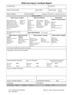 Child Care Injury Incident Report Template