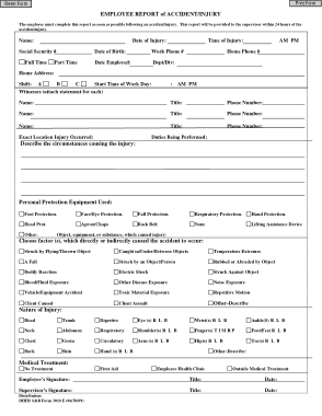 Employee Accident Injury Incident Report Form Template