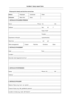 Sample Incident Injury Report Form Template