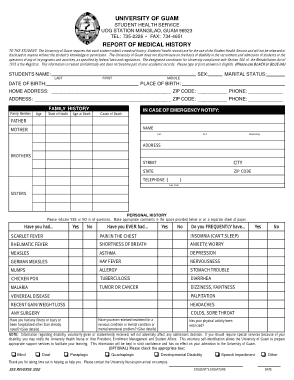 University Report of Medical History Form Template