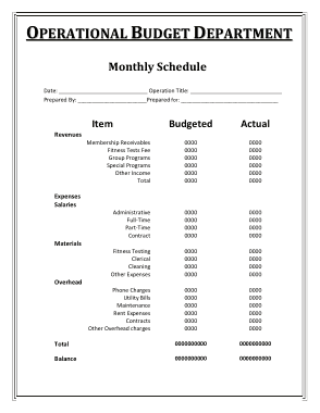 Operational Budget Department Monthly Schedule Template
