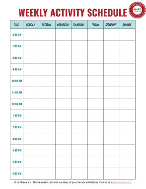 Weekly Activity Schedule Sample Template