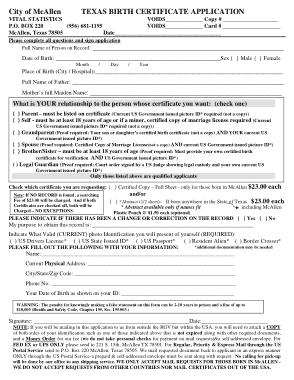Texas Birth Certificate Application Form City Mcallen Texas Template