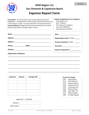 AYSO Expense Report Form Template