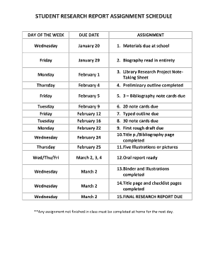 Student Research Report Assignment Schedule Template