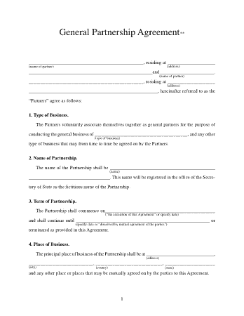 General Business Partnership Agreement Form Template