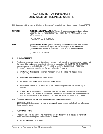 Agreement of Purchase and Sale of Business Asset Template