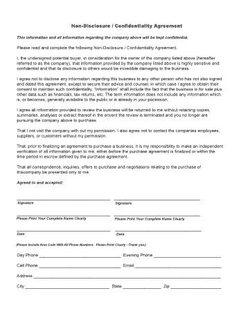 Non Disclosure and Confidentiality Agreement Template