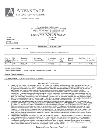 Equipment Lease Agreement Format Template