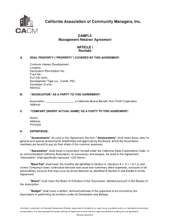 Management Retainer Agreement Template