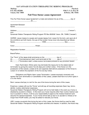 Full Time Horse Lease Agreement Template