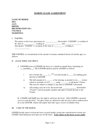 Standard Horse Lease Agreement Template