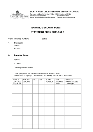 Earnings Enquiry Form Statement From Employer Template