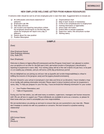 New Employee Welcome Letter from Human resources Template