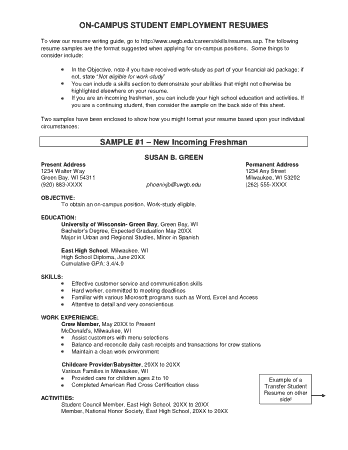 On Campus Student Employment Resume Statement Template