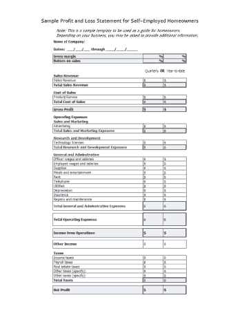 Profit and Loss Statement For Self Employed Homeowners Template