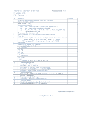 Income Tax Statement for Year Template